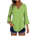 thumbnail image 1 of Craaazy Women's Relaxed Fit V Neck Blouse, Solid Color 3/4 Sleeve Flare Cuff Top, Loose Comfy Button Accent Casual Tee for Spring & Summer Gifts, 1 of 7