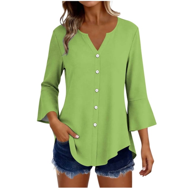 Craaazy Women's Relaxed Fit V Neck Blouse, Solid Color 3/4 Sleeve Flare Cuff Top, Loose Comfy Button Accent Casual Tee for Spring & Summer Gifts