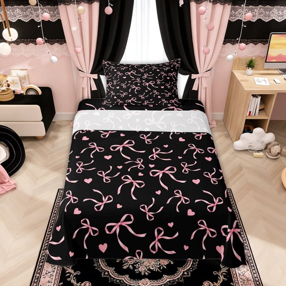 Manfei Pink Bows Love Hearts Black Print Twin Sheet Sets for Girls, Cute Ribbon Bows Bedding, 3pcs