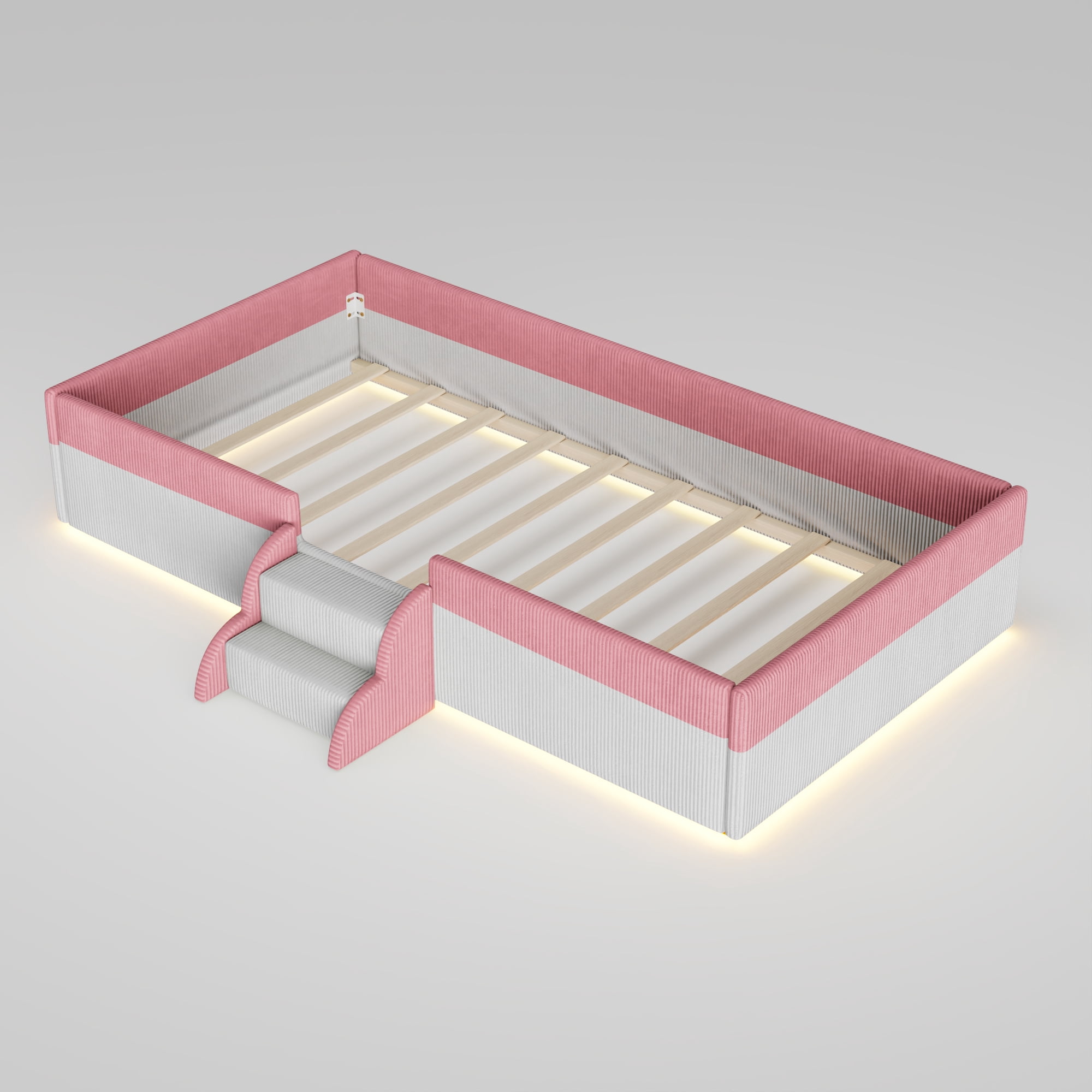Howcool Twin Size Corduroy Upholstered Floor Bed with Fence and Smart LED Lights,2-Tier Steps Platform Bed Frame,Pink+White