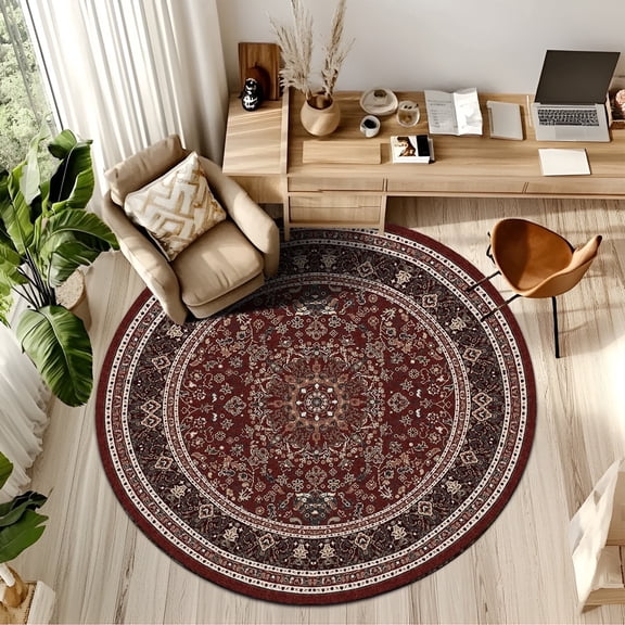 Pentantan Vintage Round Area Rug, 4ft x 4ft Red Retro Style Washable Rug with Anti-Slip Backing for Living Room