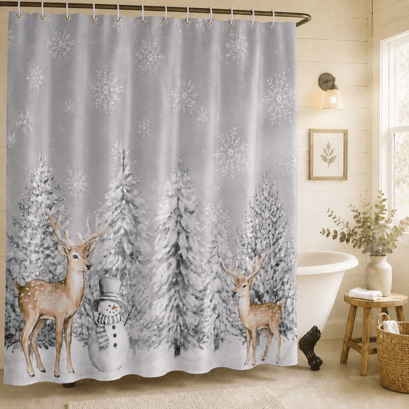 SEISSO Winter Shower Curtain Snowflake Snowman Reindeer Shower Curtain Set Water Repellent Shower Curtain for Bathroom 72" W x 72" L