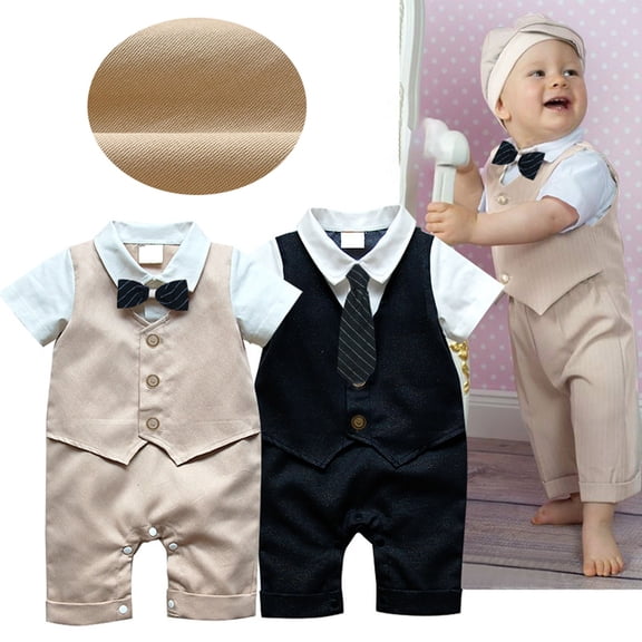 Baby Boy Tuxedo Romper Formal Vest & Bow Tie/Tie Design Short Sleeve Gentleman Outfit for Weddings & Baptisms Blue 3-6 Months