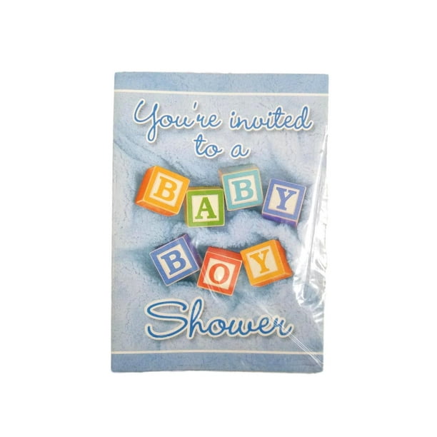 Blue Baby Boy Blocks Baby Shower 8 Ct Invitations with Envelopes