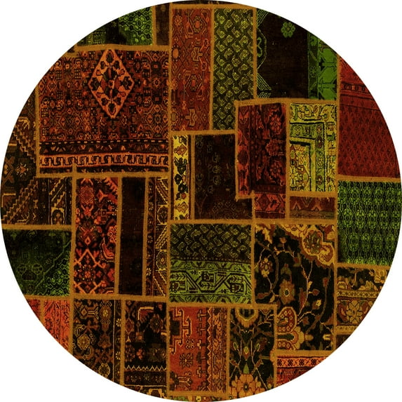 Ahgly Company Machine Washable Indoor Round Patchwork Yellow Transitional Area Rugs, 8' Round