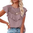thumbnail image 1 of Mujeres de manga corta con volantes Tops de moda Casual Pure Color cuello redondo mujeres verano Ruffle manga corta blusa de encaje púrpura M, 1 of 5