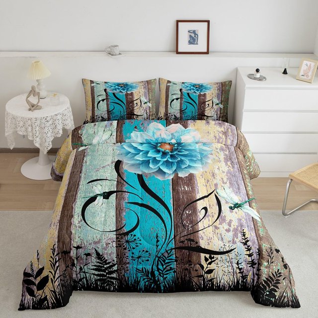 Juego de edredón Flor Queen Size, Juego de edredón Libélula Boho con 2 fundas de almohada,