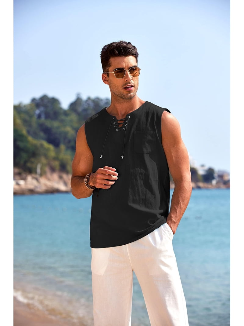 COOFANDY Men's Cotton Linen Tank Top Shirts Casual Sleeveless Lace