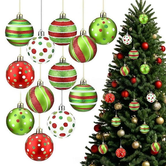 Christmas Decorations Pack Of 12 Hanging Balls In Red And Green Stripes