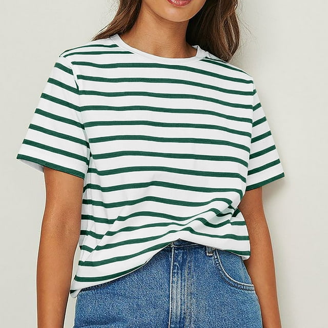 Blouses pour Femmes, Blouses Décontractées à la Mode pour Femmes, T-Shirt Rayé, Col Rond, Manches Courtes