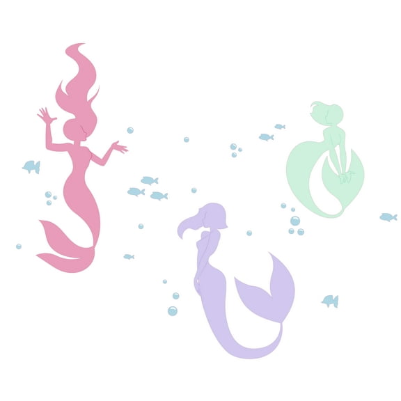 Kids Girls Bedroom 16" x 20" Multicolored Mermaid Images Wall Decoration Fish Bubbles Silhouette Design Removable Aquatic Creatures Vinyl Home Wall Decal Sticker