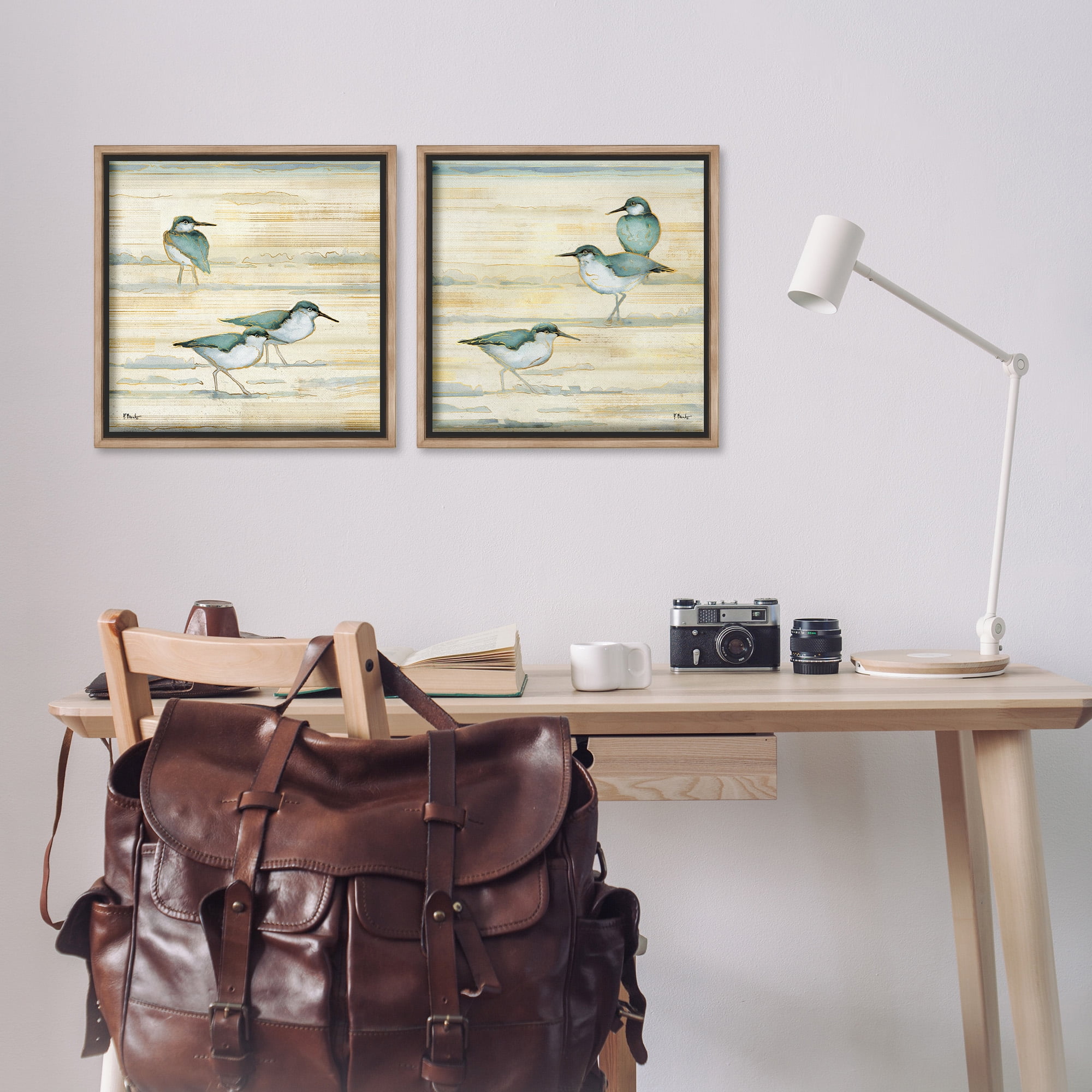 Stupell Industries Sandpipers Abstract Water Shoreline Animals & Insects Painting Brown Floater Framed Canvas Art Print Wall Art, 18 x 18, Set of 2