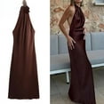 thumbnail image 2 of Halter Satin Long Dress Women Tied Backless Brown Midi Dress Summer Off Shoulder Party Dresses Pleated Evening Dress, 2 of 7