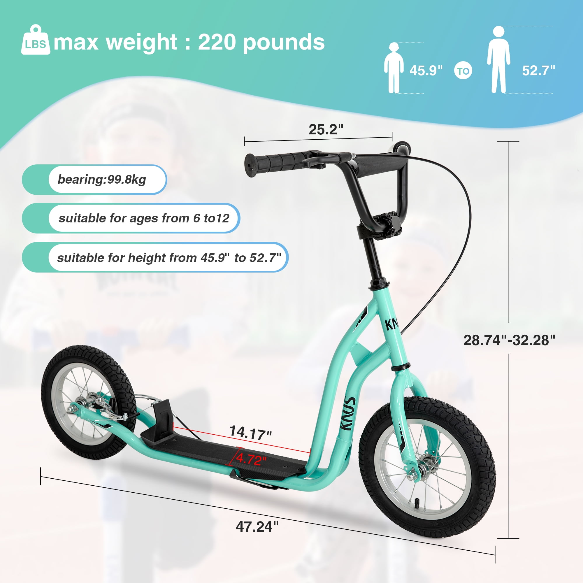 CIPACHO Youth Scooter Kick Scooter for Kids 5+ with Adjustable Handlebar 12" Front and Rear Dual Brakes Inflatable Wheels, Green CIPACHO Youth Scooter Kick Scooter for Kids 5+ with Adjustable Handlebar 12" Front and Rear Dual Brakes Inflatable Wheels, Green