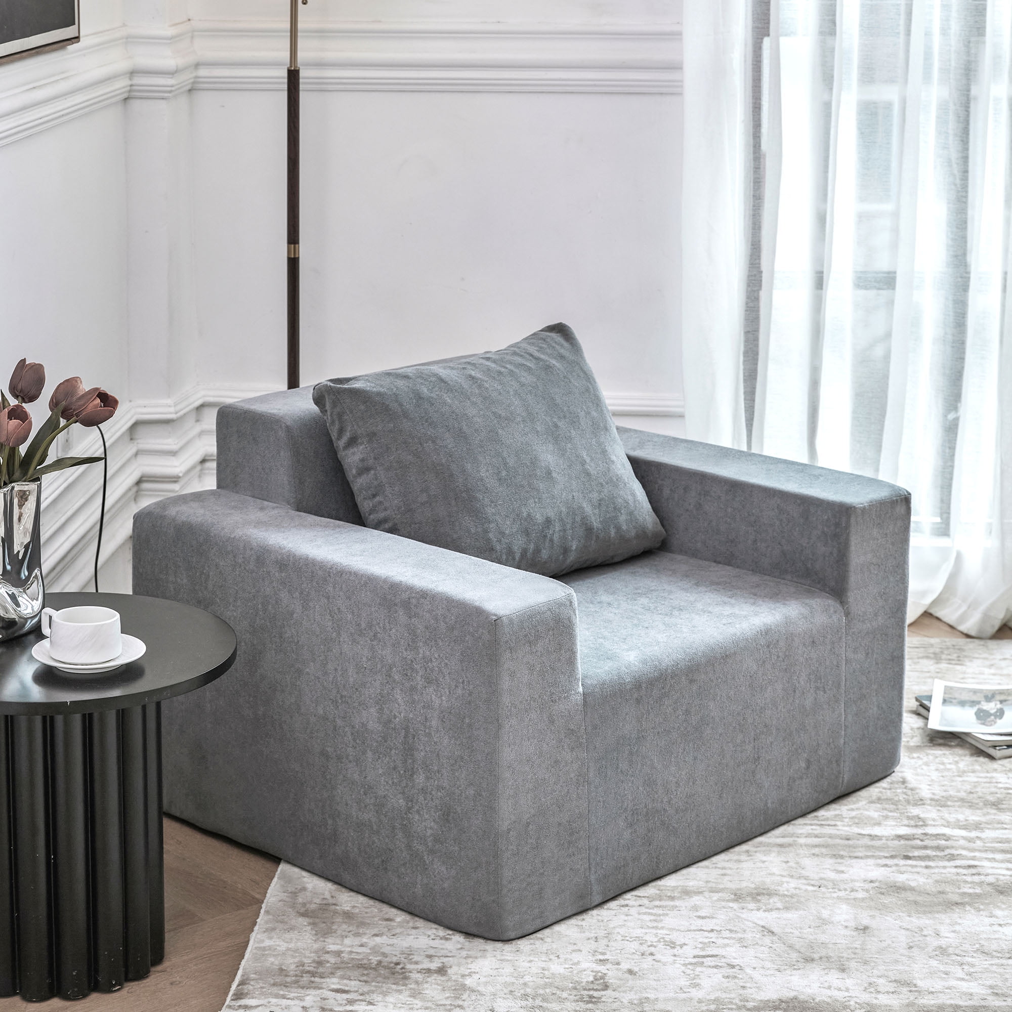 Aukfa Giant Bean Bag Chair for Adults, Upholstered Floor Sofa with Pillows and Armrests for Bedroom Living Room, Gray