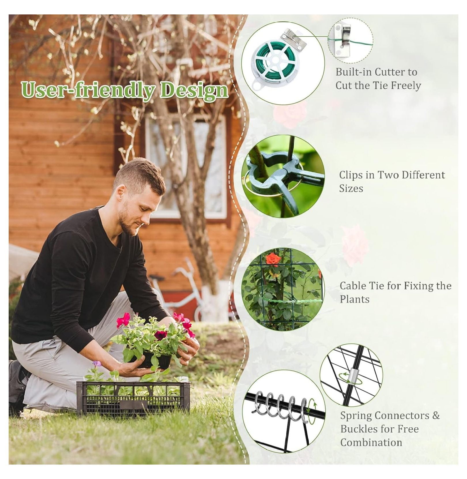 48 x 34 Inch Cucumber Trellis for Garden, 8 PCS Foldable A-Shape  Support W/18 Clips, 16 Ground Stakes, 8 Spiral Connectors, 12 Cable Tie, Twist Tie, Garden Trellis for Climbing