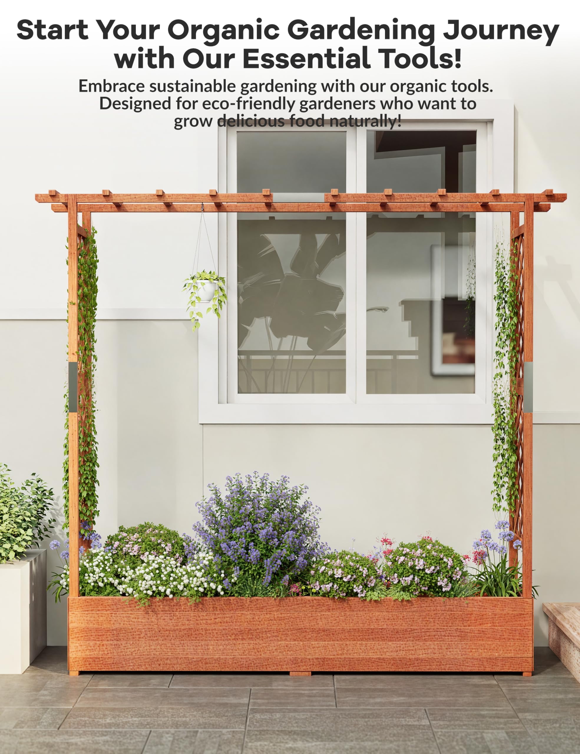 Goldensoil 77"x17"x72" Raised Garden Bed with Trellis, Wooden Elevated Planter Box with Hanging Roof