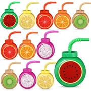 12 Set Summer Fruit Cups with Straws Lids 10oz Plastic Frutti Party Cups Tropical Kiwi Lemon Orange Grapefruit Watermelon Pitaya Sippy Cup for Boys Girls Birthday Luau Party Favor Supplies