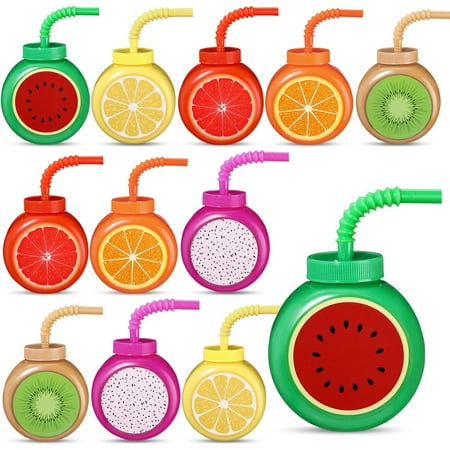 12 Set Summer Fruit Cups with Straws Lids 10oz Plastic Frutti Party Cups Tropical Kiwi Lemon Orange Grapefruit Watermelon Pitaya Sippy Cup for Boys Girls Birthday Luau Party Favor Supplies