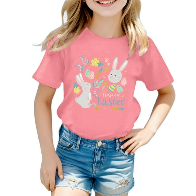 Gibobby Camisa Vaquera Camisa de conejito de Pascua para niños pequeños y niñas, camiseta de Pascua, camisetas gráficas de conejo lindo para niños (Rosa, 5-6 Años)