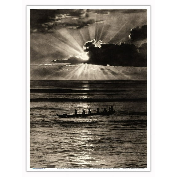 Hawaiian Canoe in Honolulu Harbor at Sunset - Vintage B&W Photograph by James J. Williams c.1922 - Master Art Print (Unframed) 9in x 12in