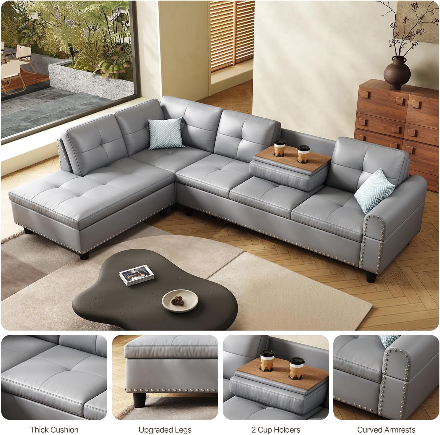 AENKYO 98" L-Shaped Upholstered Sectional Sofa Couch with Storage & Cup Holders, Faux Leather Living Room Sofa Set, Gray
