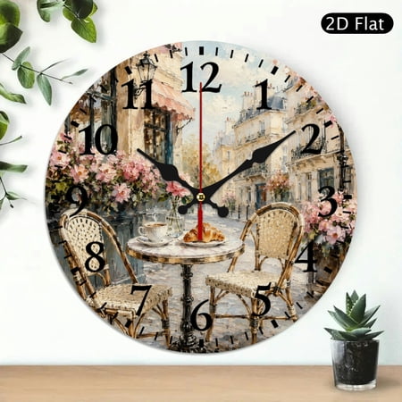 Patifu Round Wooden Wall Clock Paris Cafe Croissant Coffee Print Silent Sweep Movement 10x10in