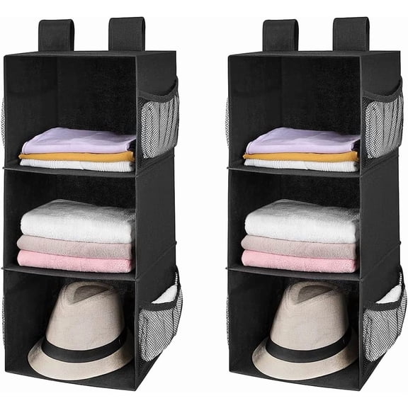 MAX Houser 3-Shelf Hanging Closet Organizers, Collapsible Closet Hanging Shelves for Camper, Nursery Hanging Organizers, Black, 2-Pack