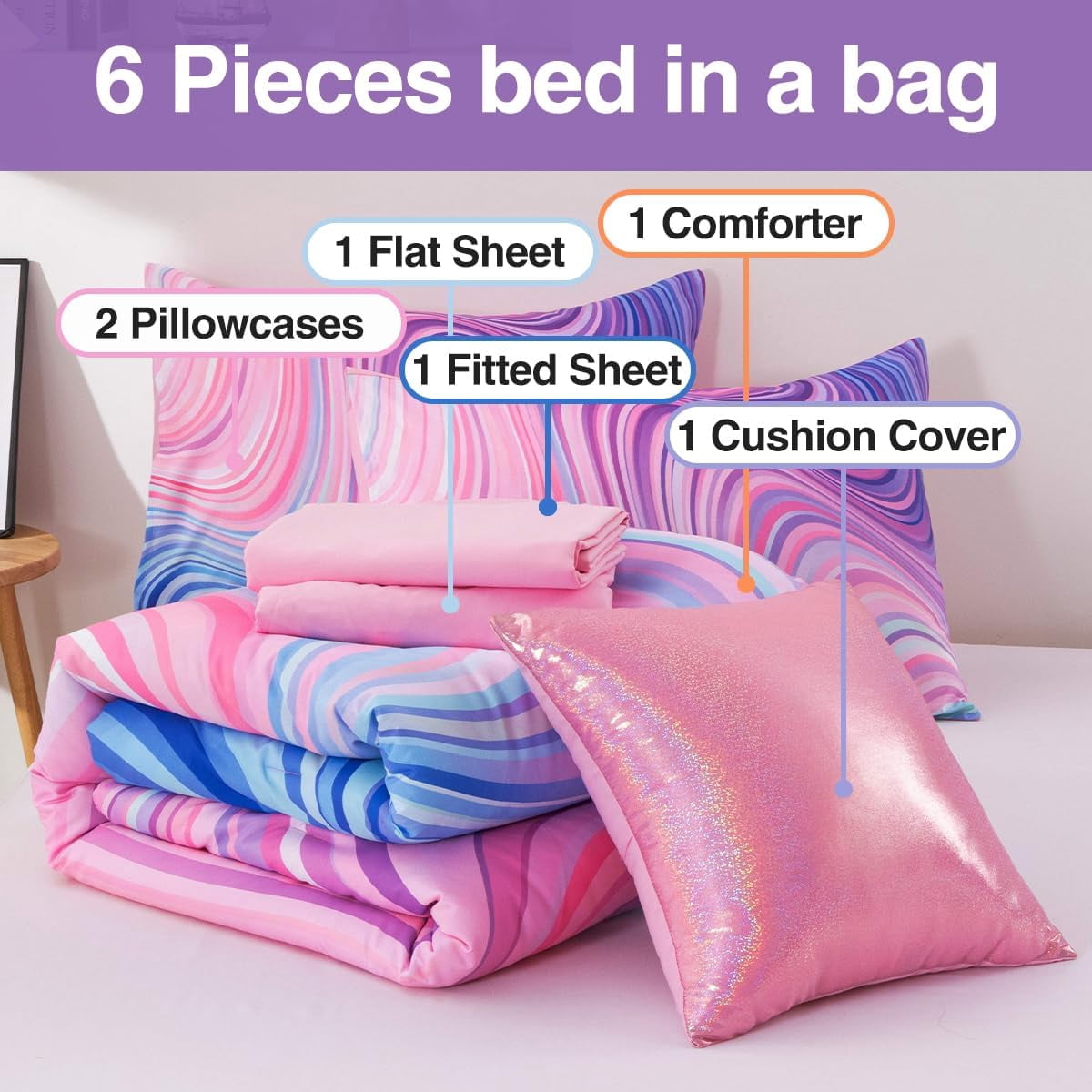 6 Pieces Gradient Star Ring Comforter Set, Colorful Glitter Rainbow Wave Stripes Pattern Bedding Set for Boys Girls Teens, Twin Drak Purple