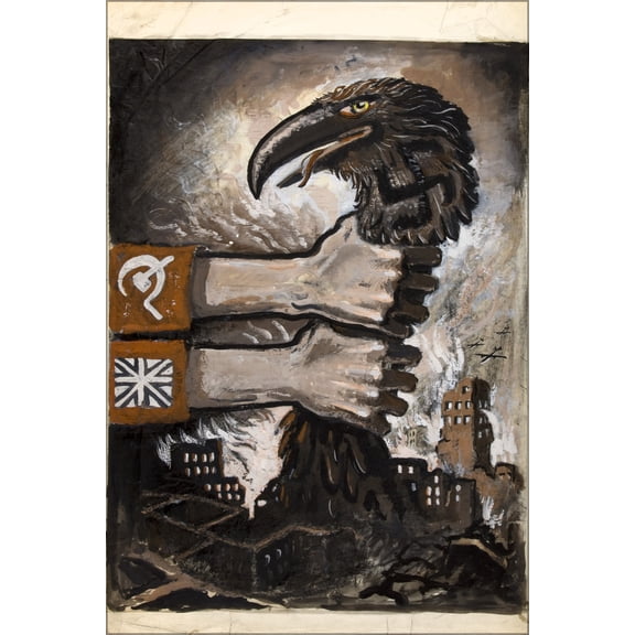 24"x36" Gallery Poster, INF3 299 Unity of Strength Hands grasping neck of predatory bird arising from the ruins of bombed town