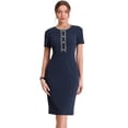thumbnail image 1 of Vestidos de trabajo de negocios para mujer, manga corta, cuello cuadrado, bloque de color, vestido ceñido al cuerpo Azul marino L, 1 of 6