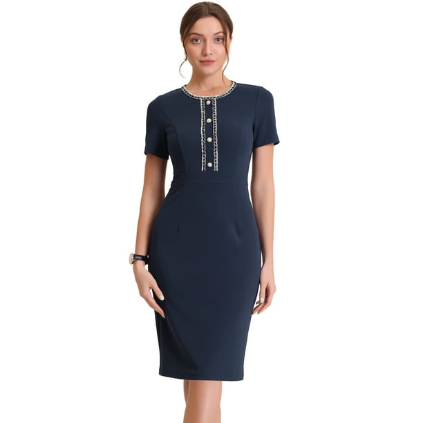 Vestidos de trabajo de negocios para mujer, manga corta, cuello cuadrado, bloque de color, vestido ceñido al cuerpo Azul marino L