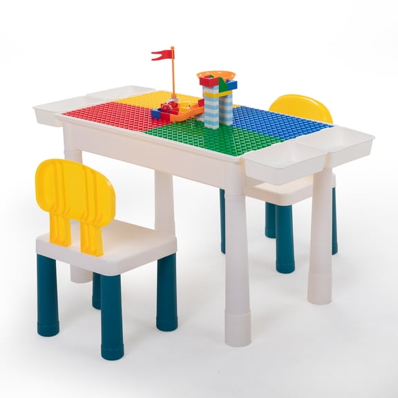 Multifunctional Building Block Table Set with 2 Chairs & 100Pcs DIY Bricks, Double-Sided Toddler Activity Play Table with Storage Boxes for Indoor Playing & Drawing,Christmas Gifts for Kids