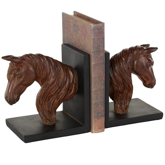 DecMode 6" Head Horse Polyresin Bookends with Black Stands (Set of 2)