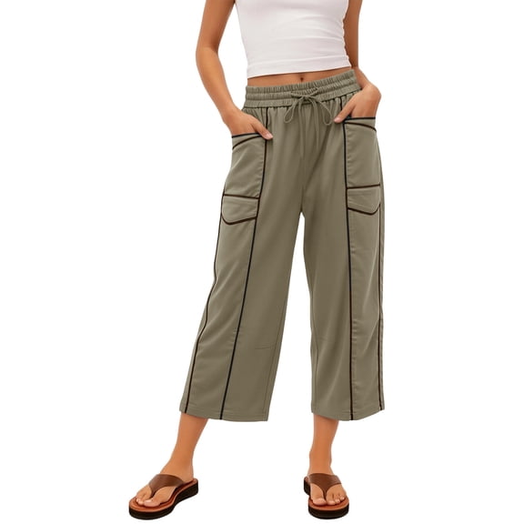 Qgtaibl Women's Cropped Wide Leg Cargo Pants Drawstring Elastic Waist Casual Trousers with Multi Pockets Loose Fit Athletic Capri Pants for Summer & Travel Khaki L