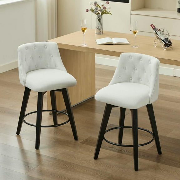 Spaco Swivel Counter Chairs Set of 2, Modern Linen Fabric with Button-Tufted Backrest, Stylish Bar Stools for Bar, Kitchen Island, Dining Room, White