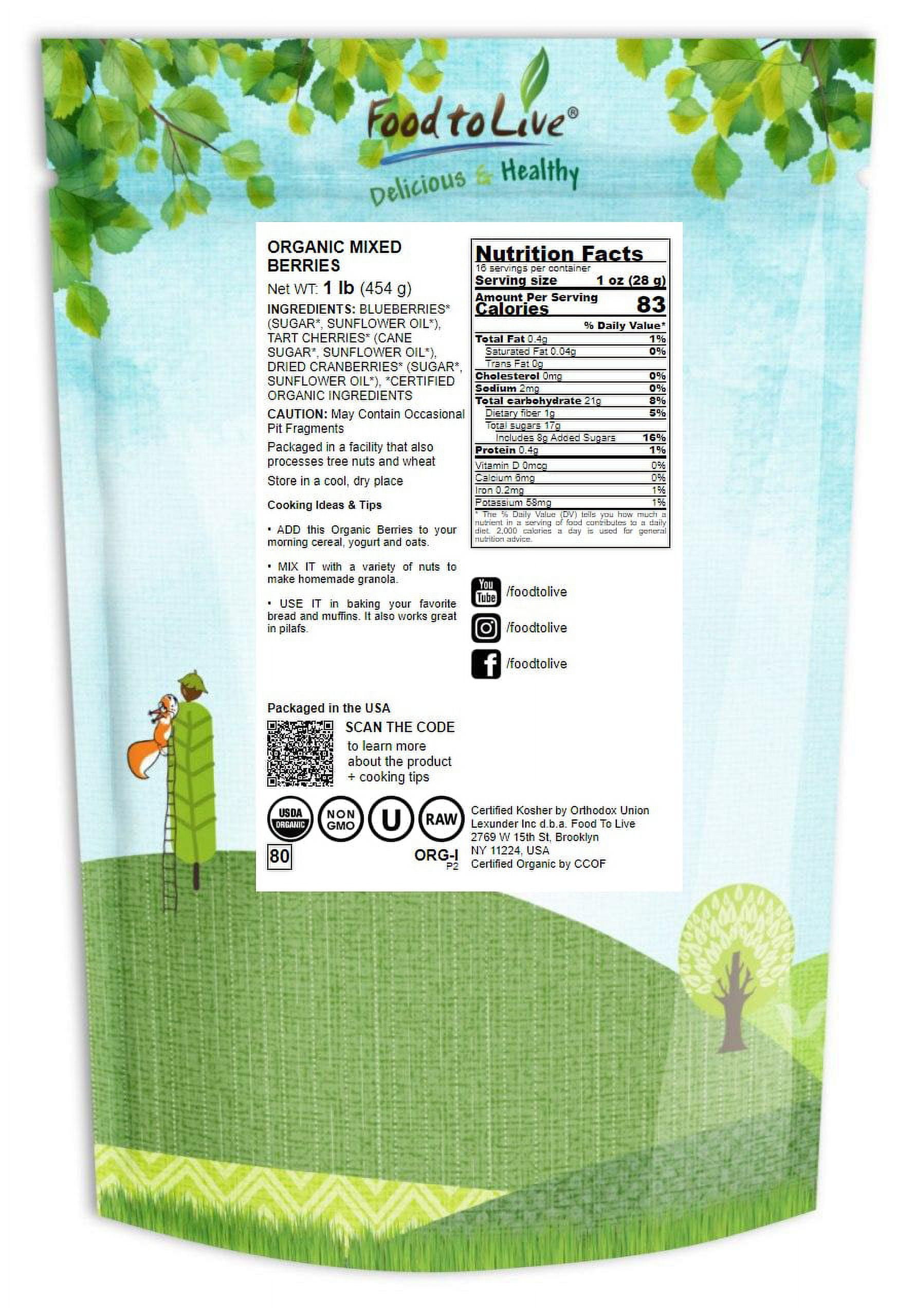 Organic Mixed Berries, 1 Pound – Non-GMO, Blueberries, Cranberries, Tart Cherries – by Food to Live