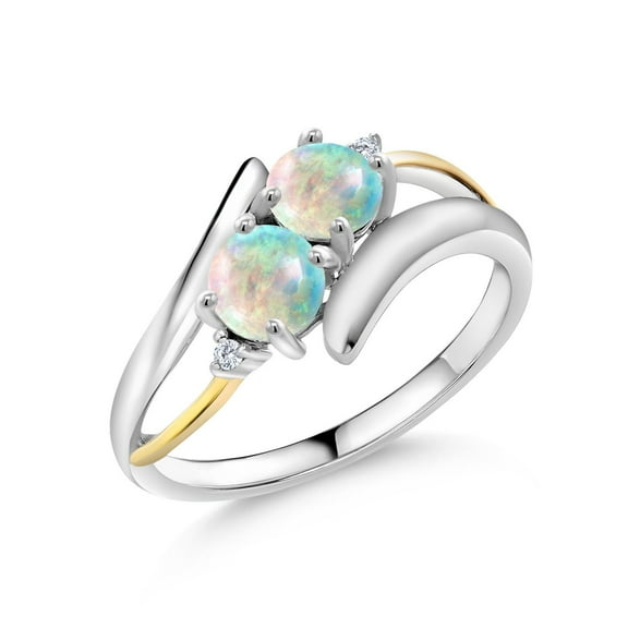Gem Stone King 1.02 Ct Round Cabochon White Simulated Opal 925 Silver and 10K Yellow Gold Lab Grown Diamond Two Stone Crossover Ring (Size 9)