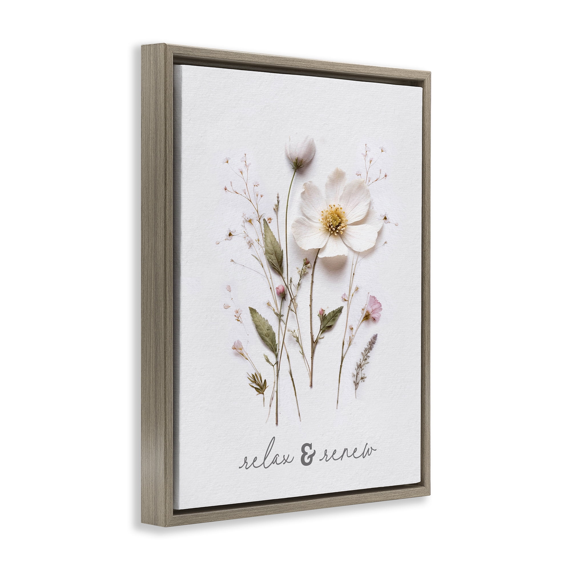 Pressed Flower Relax & Renew Brown Framed Floater Canvas Wall Art, design by Lettered and Lined