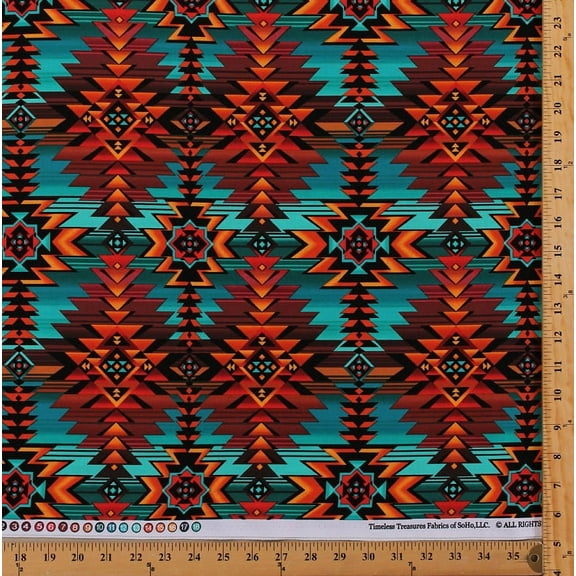 Cotton Southwestern Aztec Tribal Diamond Stripes Southwest Turquoise Rust-Red Brown Geometric Patterned Cotton Fabric Print by the Yard (west-c7510-turq)
