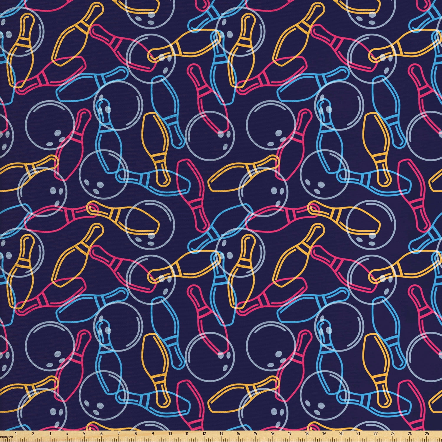 Bowling Fabric by The Yard, Balls Pins and Shoes in Vibrant Colored