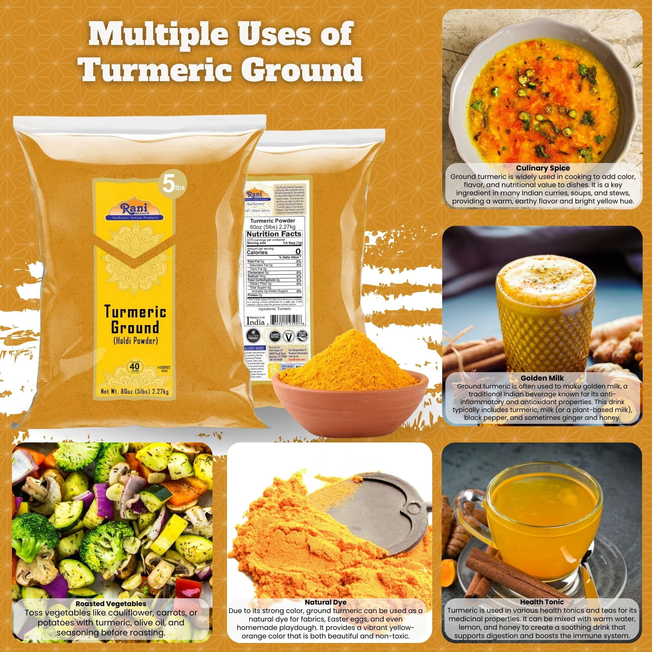 Rani Turmeric Root Powder Spice, Haldi (High Curcumin Content) 80oz (5lbs) 2.27kg Bulk ~ All Natural | 100% Pure, Salt Free | Vegan | Gluten Friendly | NON-GMO | Kosher | Indian Origin