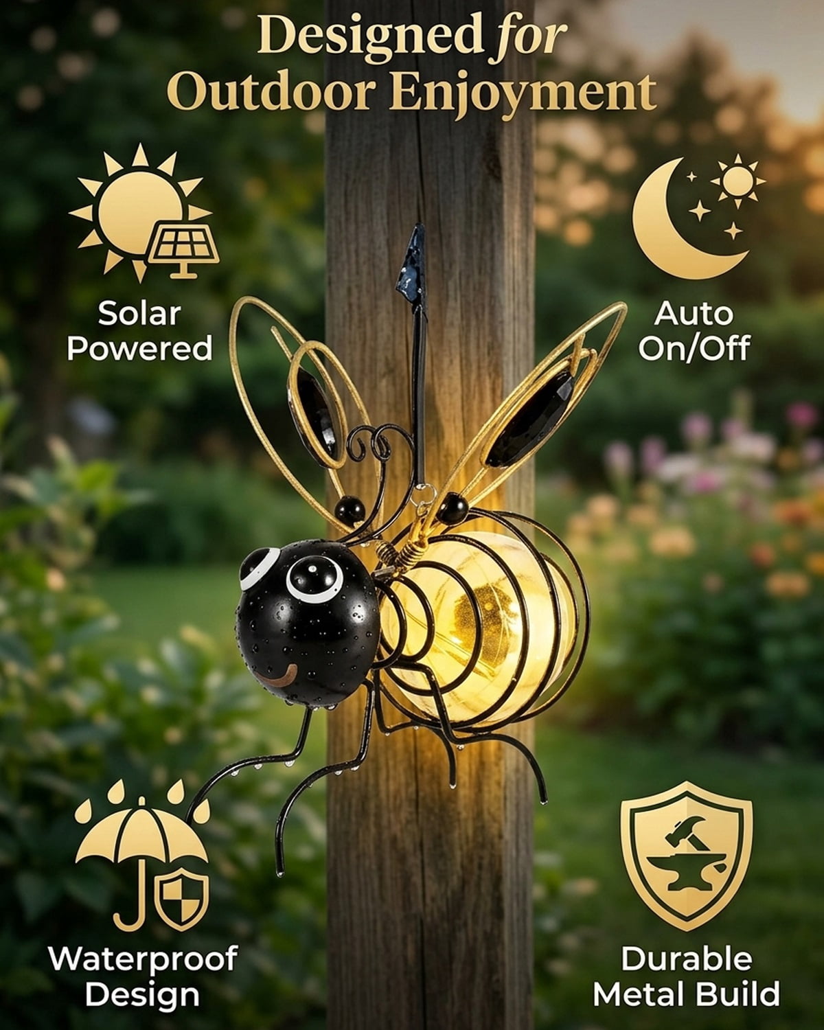 Outdoor Hanging Solar Bee Light, Waterproof Bumble Bees Solars Light, Glowing Metal Bee with Spring Figurine Lights, Cute Solar Insect, For Party Festivals Garden Decor Birthday Gifts