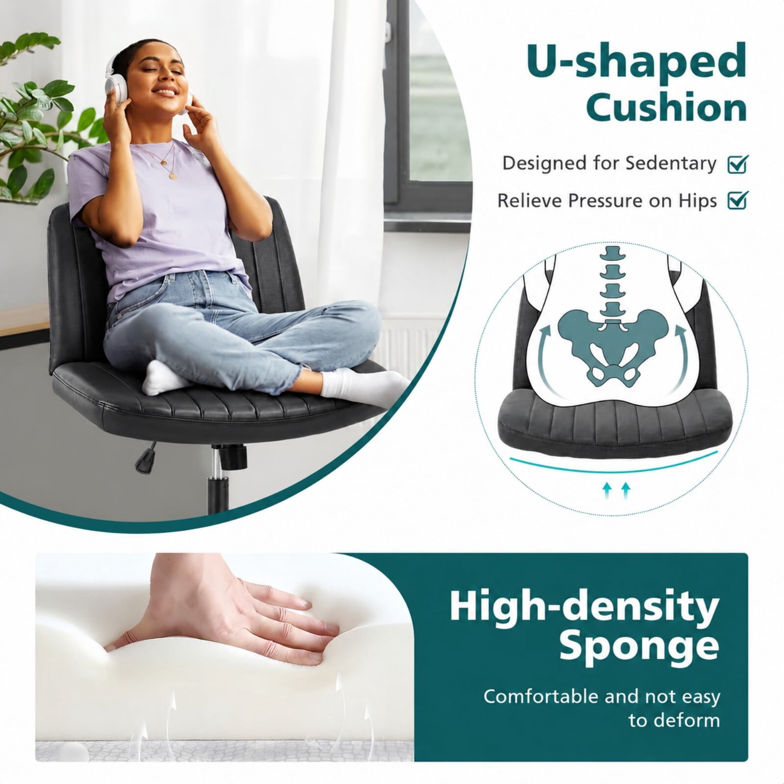 Kelno Armless Criss Cross Office Chair with Wheels 300lb Capacity Wide Seat Cross Legged Desk Chair Height Adjustable Swivel Vanity Chair, Black PU