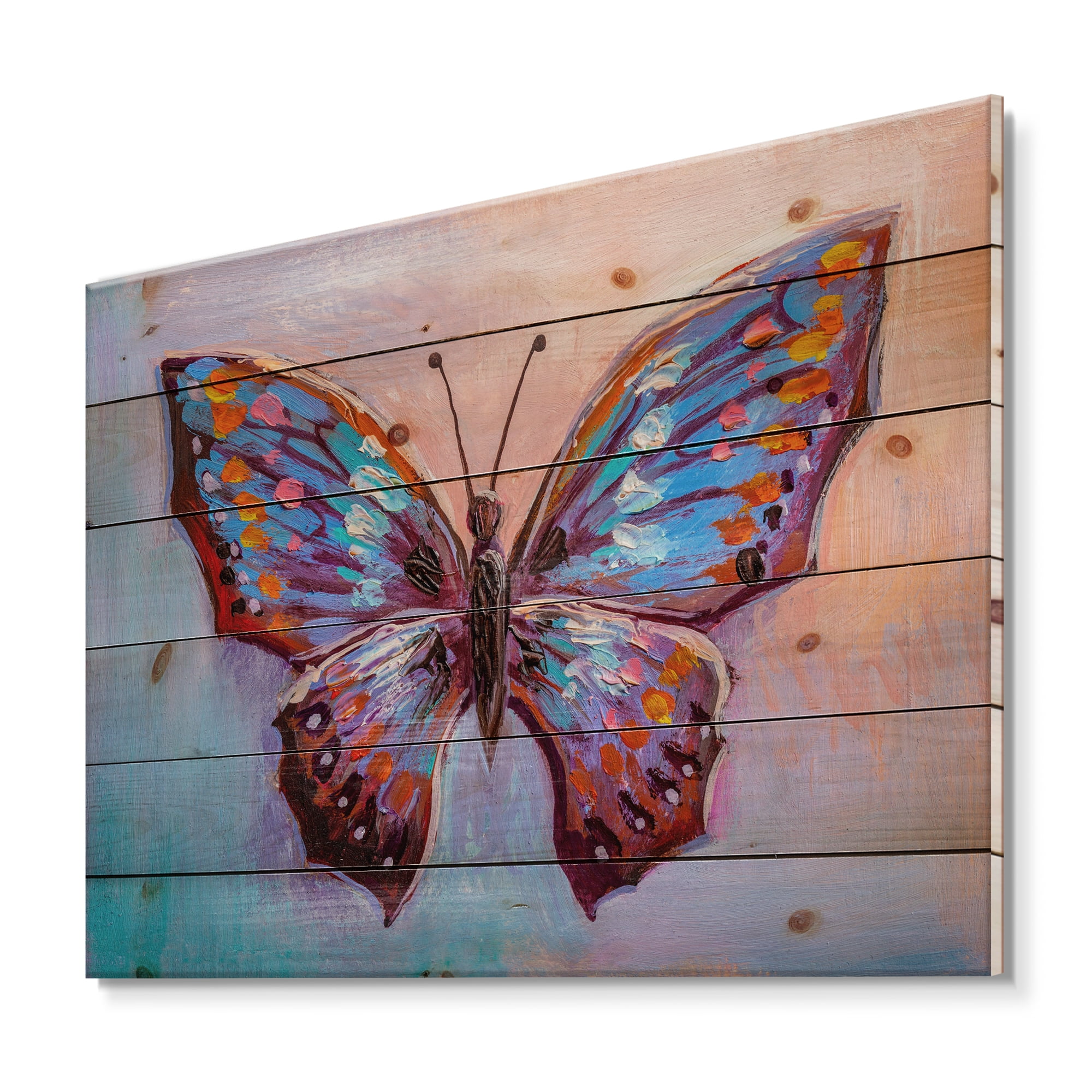 Designart 'Ancient Blue Butterfly II' Modern Print on Natural Pine Wood