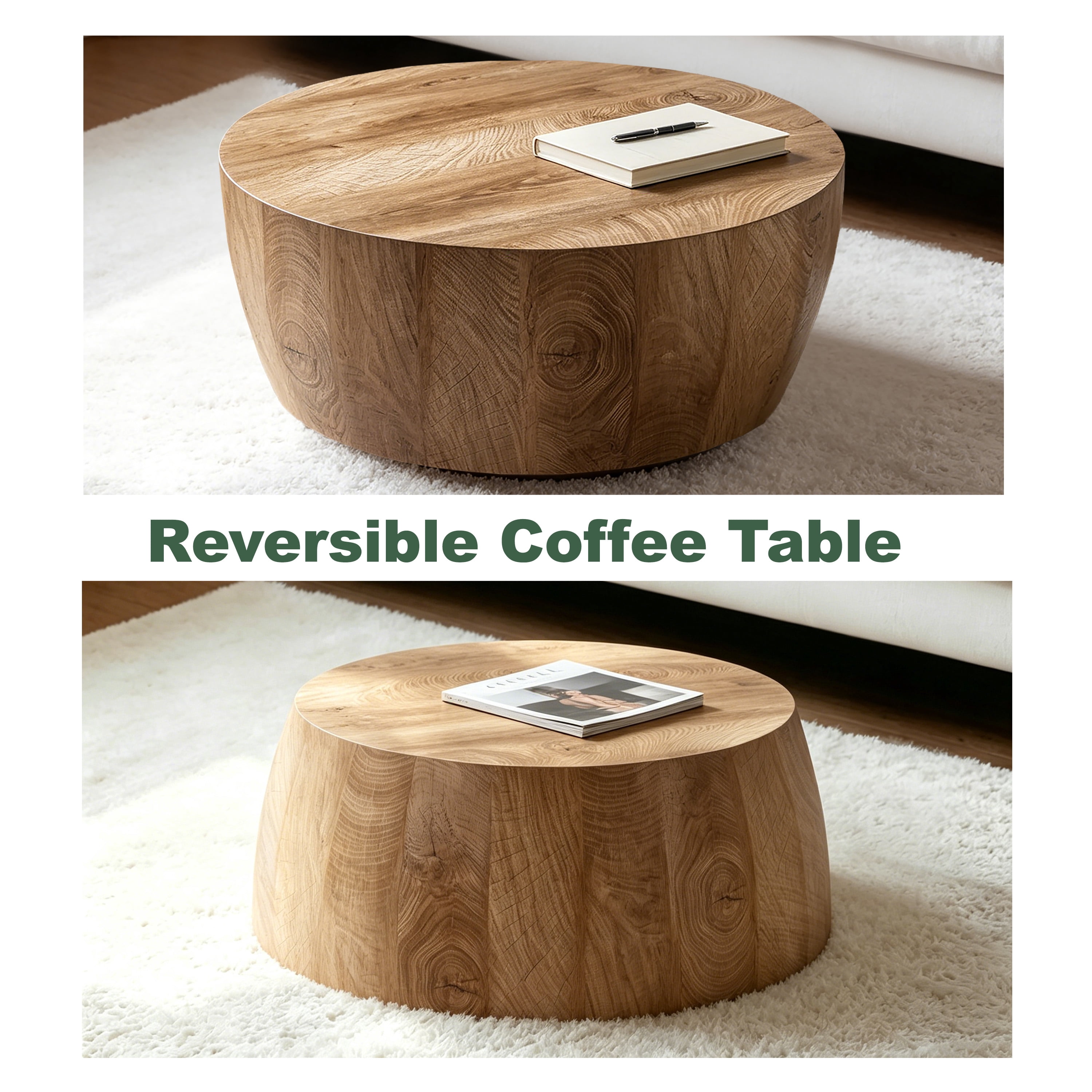 CasaGlajore Round Drum Coffee Table In Natural Finish, Round Coffee Table Made Of High-Quality MDF, Fully Assembled Living Room Table