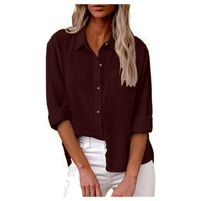 Camisa suelta de color sólido con botones de manga larga de otoño para mujer Camisa informal de talla grande vino/s