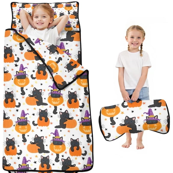 Halloween Black Cats with Pumpkins and Witch Hats Toddler Nap Mats for Kids Preschool,50"x20" Sleeping Mat Bag or Kids,Toddler Sleeping Bag,Toddler Nap Mat or Daycare