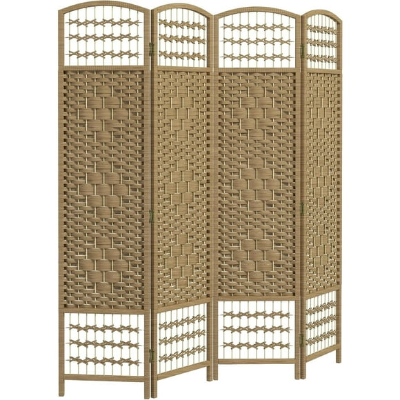 4 Panel Room Divider, Privacy Screen, 5.6' Room Separator, Wave Fiber Freestanding Partition Wall Divider, Natural