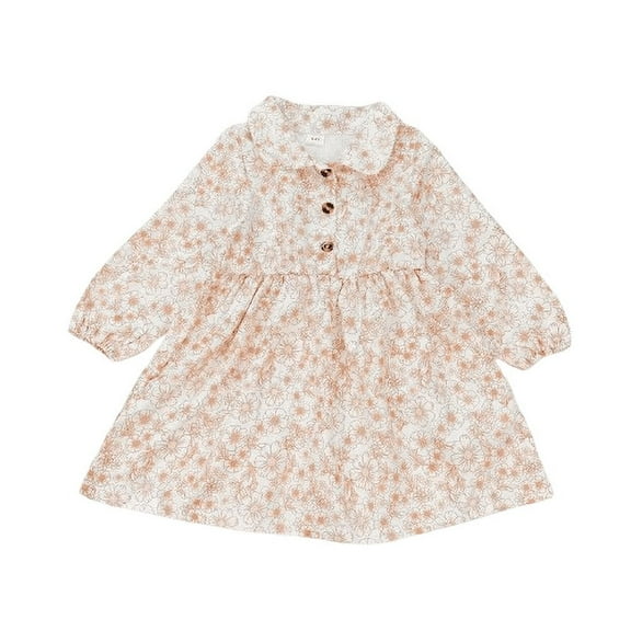 Mikrdoo 2T Baby Girls Dress 2-3 Years Toddler Girls Floral Full Print Doll Collar Dress One Piece Casual Elegant Dress White
